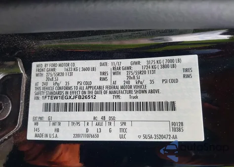 2018 Ford F-150 King Ranch/Lariat/Limited/Platinum/Xl/Xlt from USA, damaged, VIN 1FTEW1EGXJFB26512